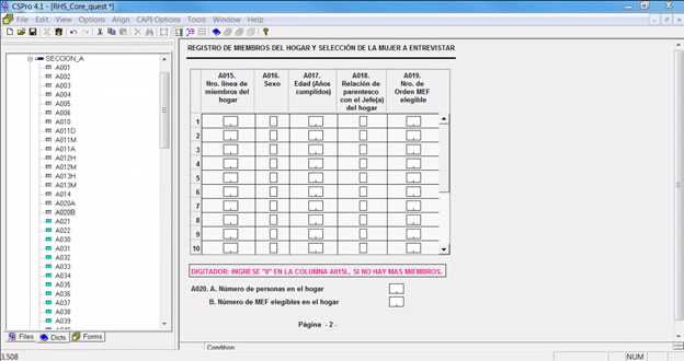 Formulario con una tabla de variables formateado